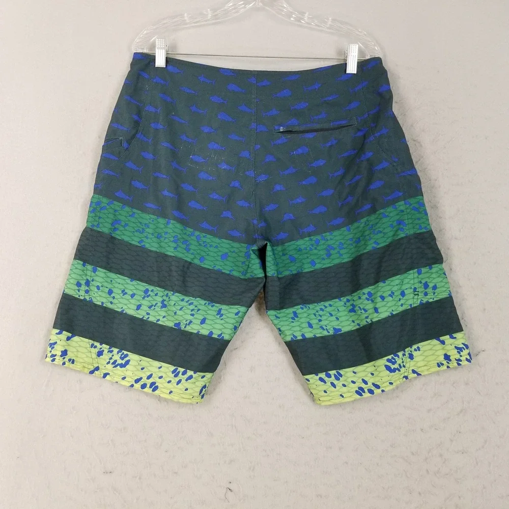 Pelagic Board Shorts Mens 34 Green Sharkskin Fishing Swim Trunks Fish Print